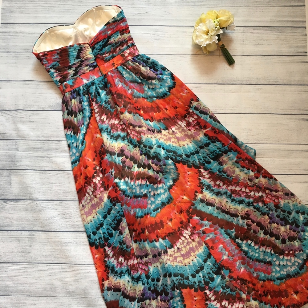 Strapless Sweetheart Feather Print High-Low Gown-6 - Picture 7 of 8